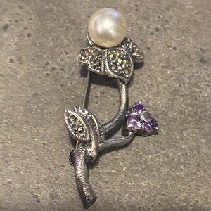 Sterling Silver Floral Pearl,Amethyst & Marcasite Pin Brooch